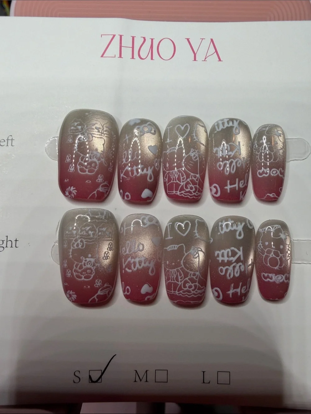 ZHuo Ya Pink-to-Taupe Gradient Press-On Nails Hello Kitty with White Print